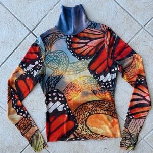 Y2K Sheer Butterfly Mesh Long Sleeve Turtleneck